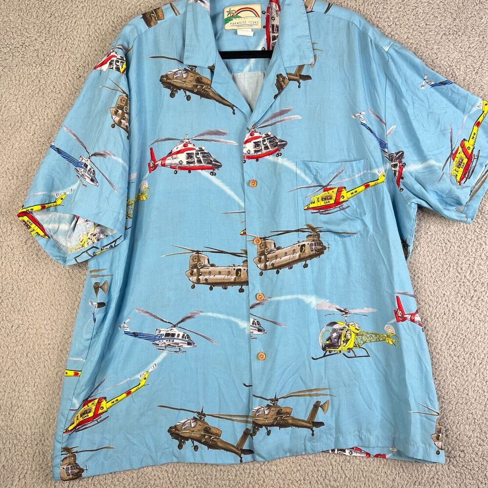 VTG PARADISE Found Helicopter Shirt XL Button Coast Guard Camp All Over Print